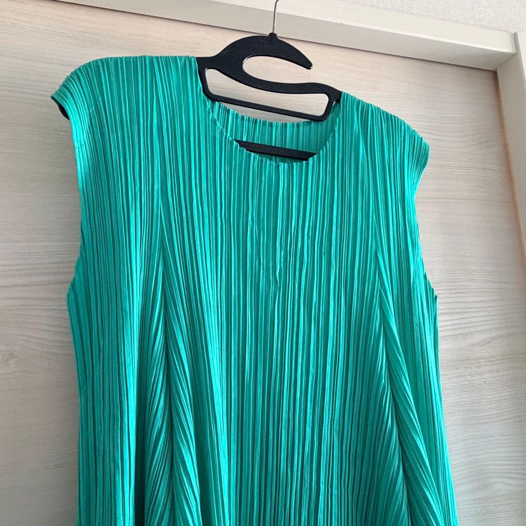 プリーツプリーズ　チュニック　グリーン系　フラワーカット