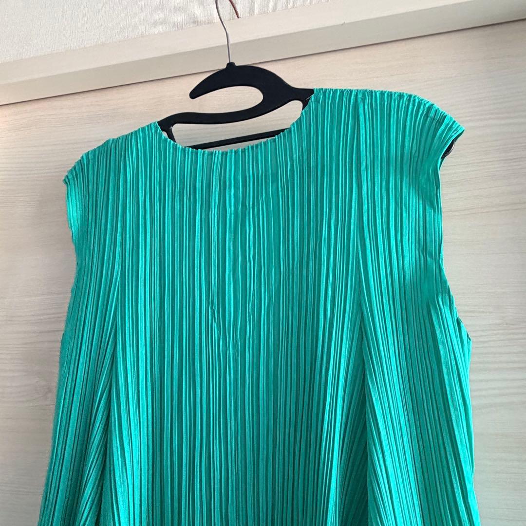 プリーツプリーズ　チュニック　グリーン系　フラワーカット