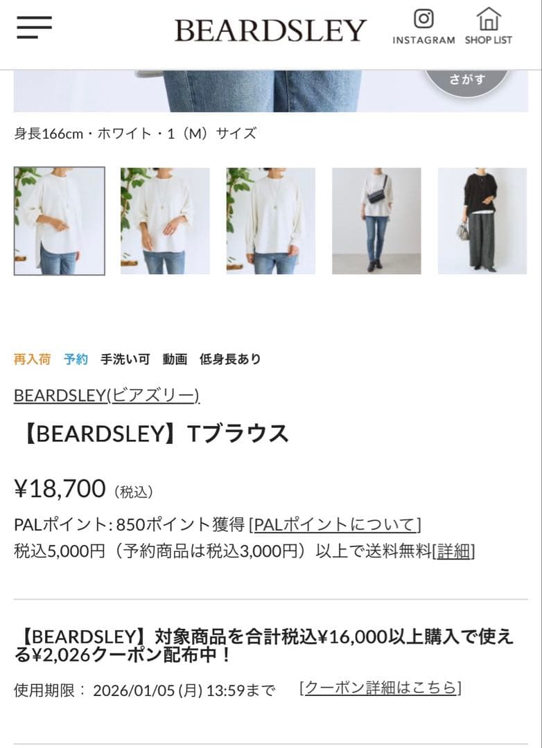［美品］ビアズリーBEARDSLEY Tブラウス ホワイト 長袖