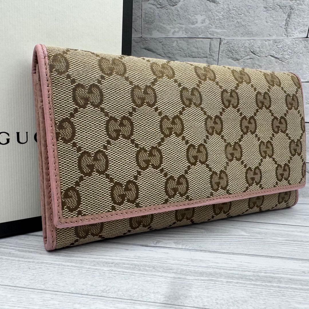 【美品】GUCCI GGキャンバス 長財布 　二つ折り ピンク　レザー