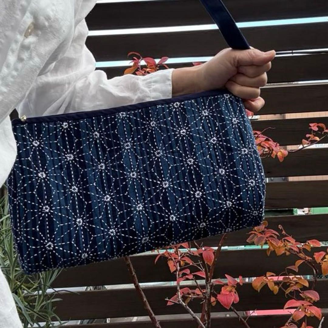 新作✴︎松阪もめん縞模様×刺し子のパッチワークキルト　ハンドメイドショルダーバッグ