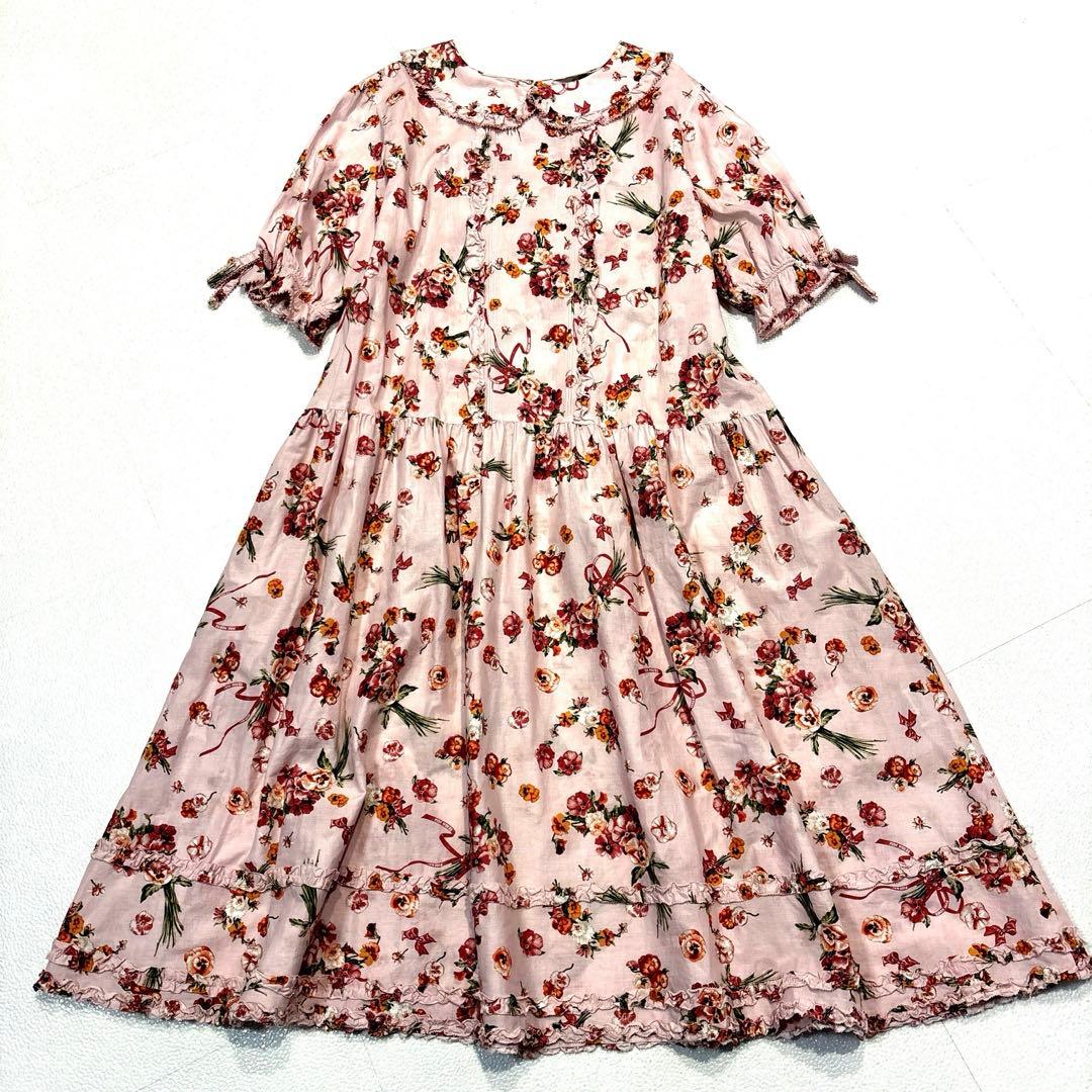 【極美品/近年モデル】ピンクハウス　ロングワンピース　パンジー柄　フリル　リボン
