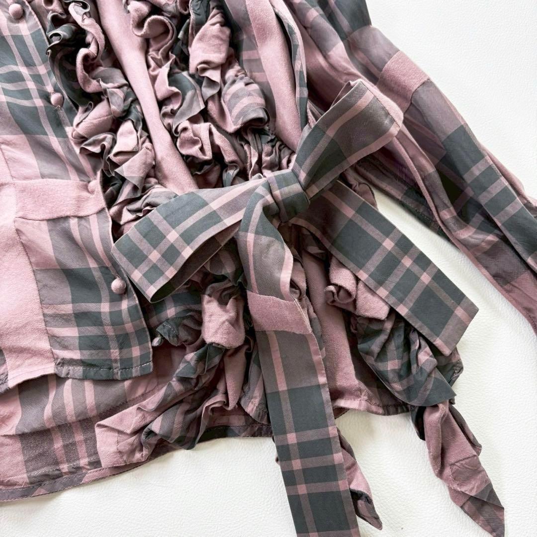 チカキサダ 長袖 フリルデザイン ブラウス チェック リボン アシンメトリー