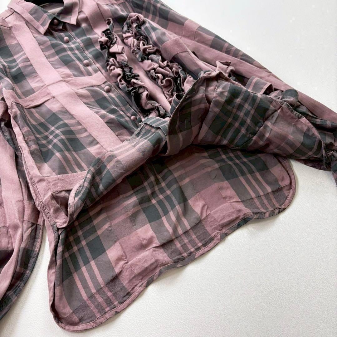 チカキサダ 長袖 フリルデザイン ブラウス チェック リボン アシンメトリー