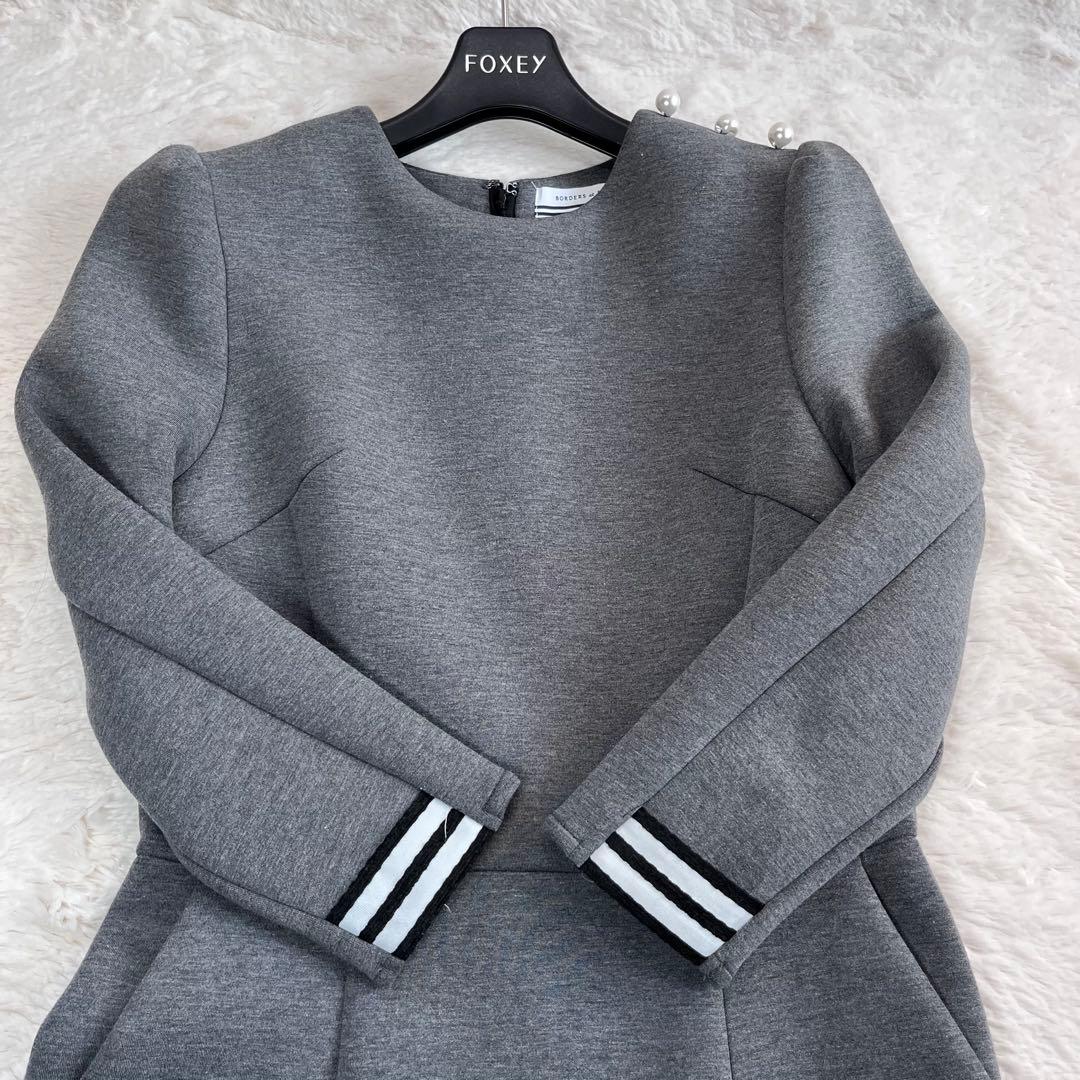 ボーダーズアットバルコニー　肩パール　ラウンドミディワンピース　グレー　36