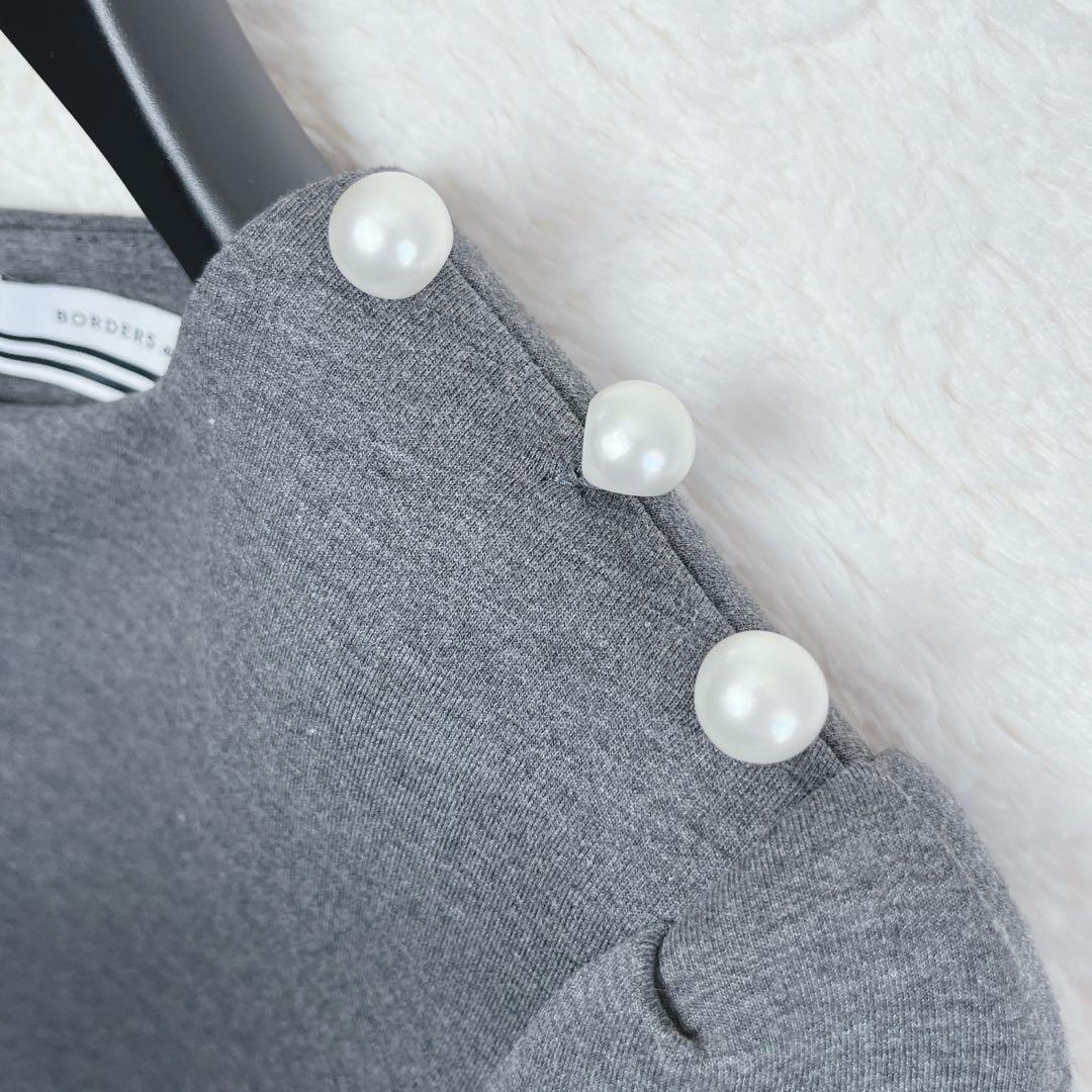 ボーダーズアットバルコニー　肩パール　ラウンドミディワンピース　グレー　36