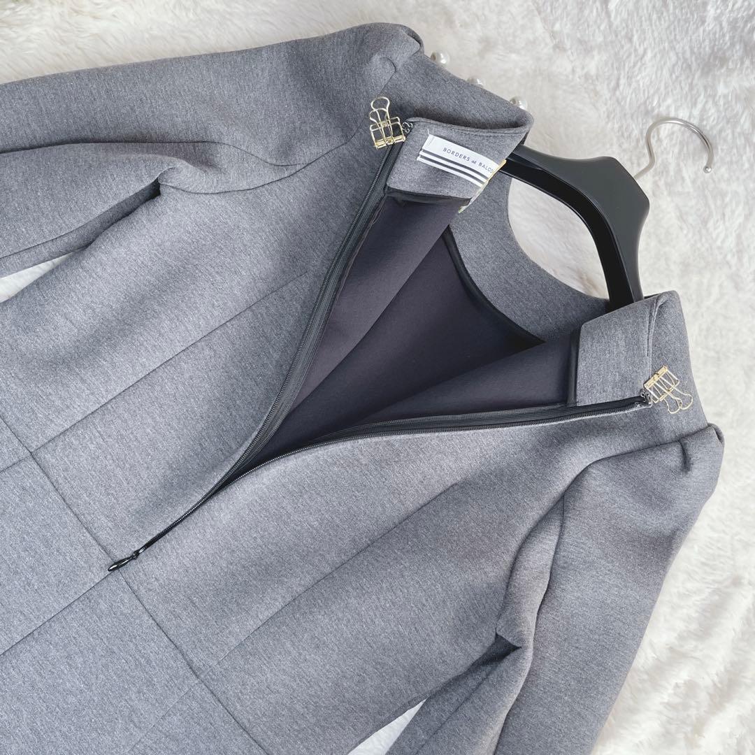 ボーダーズアットバルコニー　肩パール　ラウンドミディワンピース　グレー　36