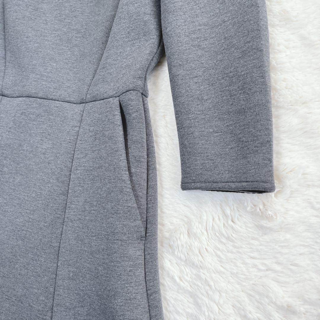 ボーダーズアットバルコニー　肩パール　ラウンドミディワンピース　グレー　36