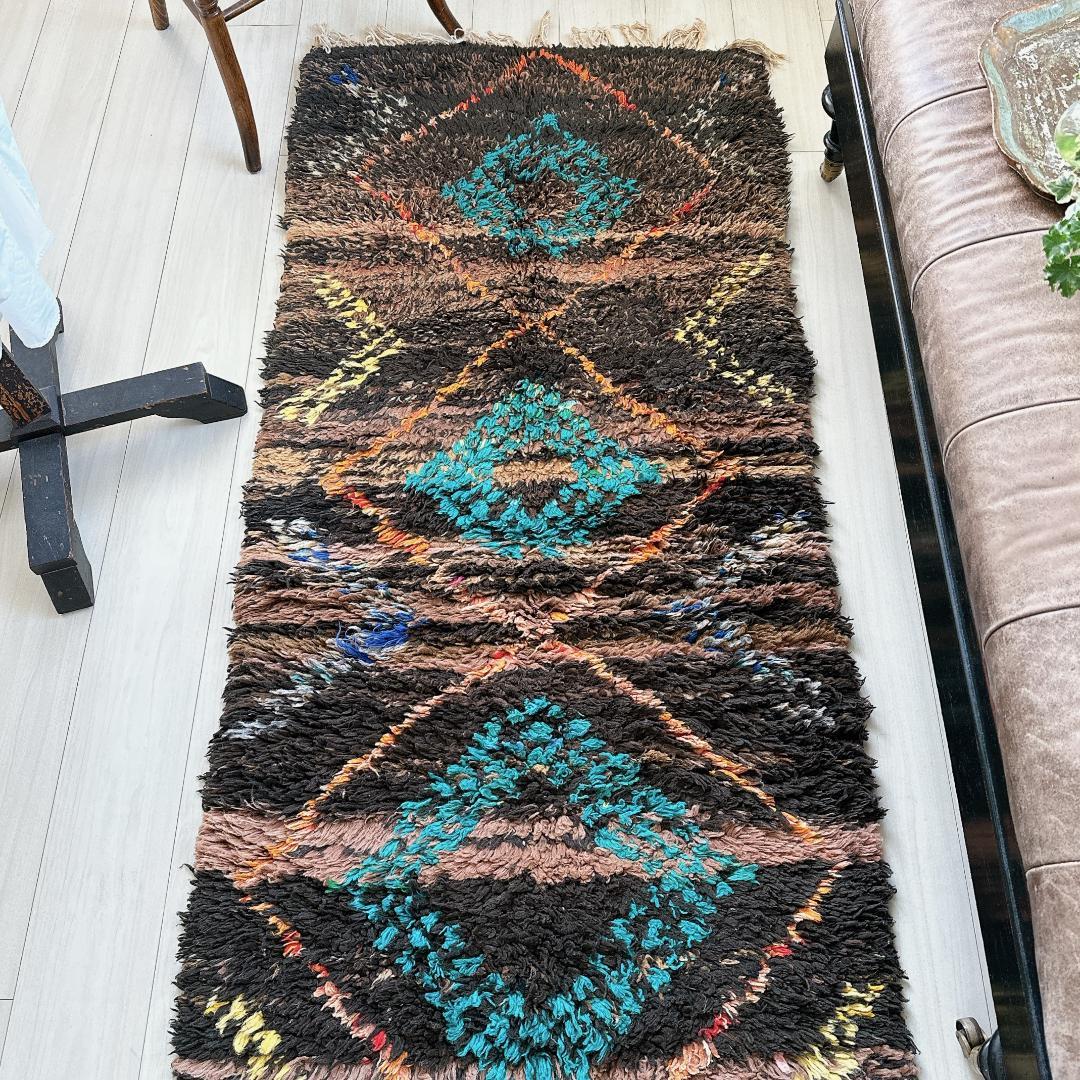 モロッコ ヴィンテージラグ141 レア ブラウン ターコイズ オレンジ イエロー