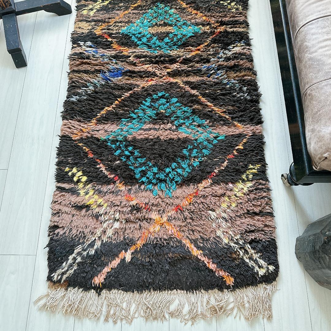 モロッコ ヴィンテージラグ141 レア ブラウン ターコイズ オレンジ イエロー