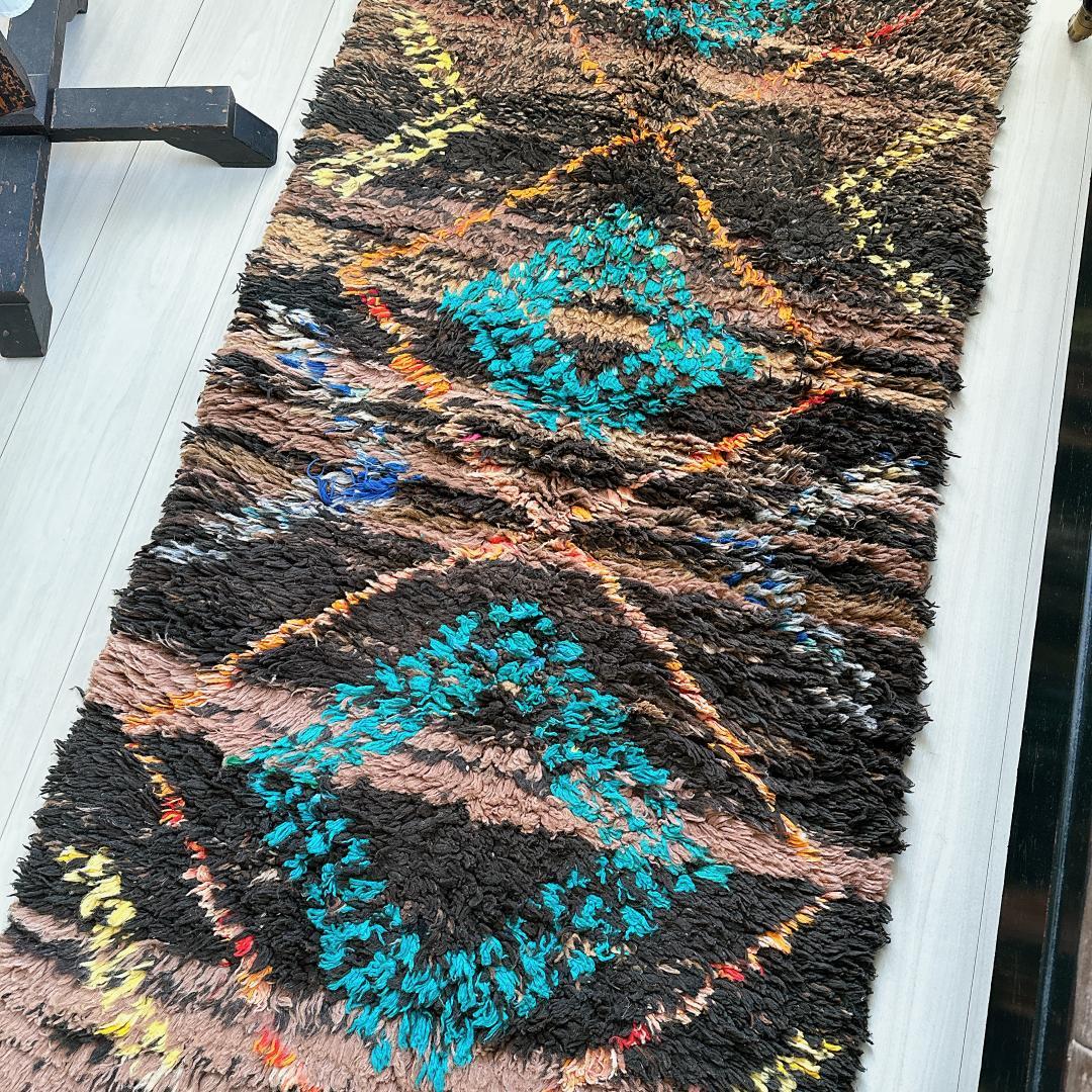 モロッコ ヴィンテージラグ141 レア ブラウン ターコイズ オレンジ イエロー