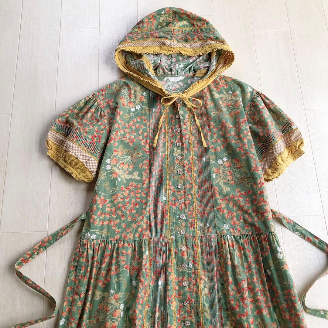 ピンクハウス いちご柄 苺 ストロベリー チェック フード付き ワンピース