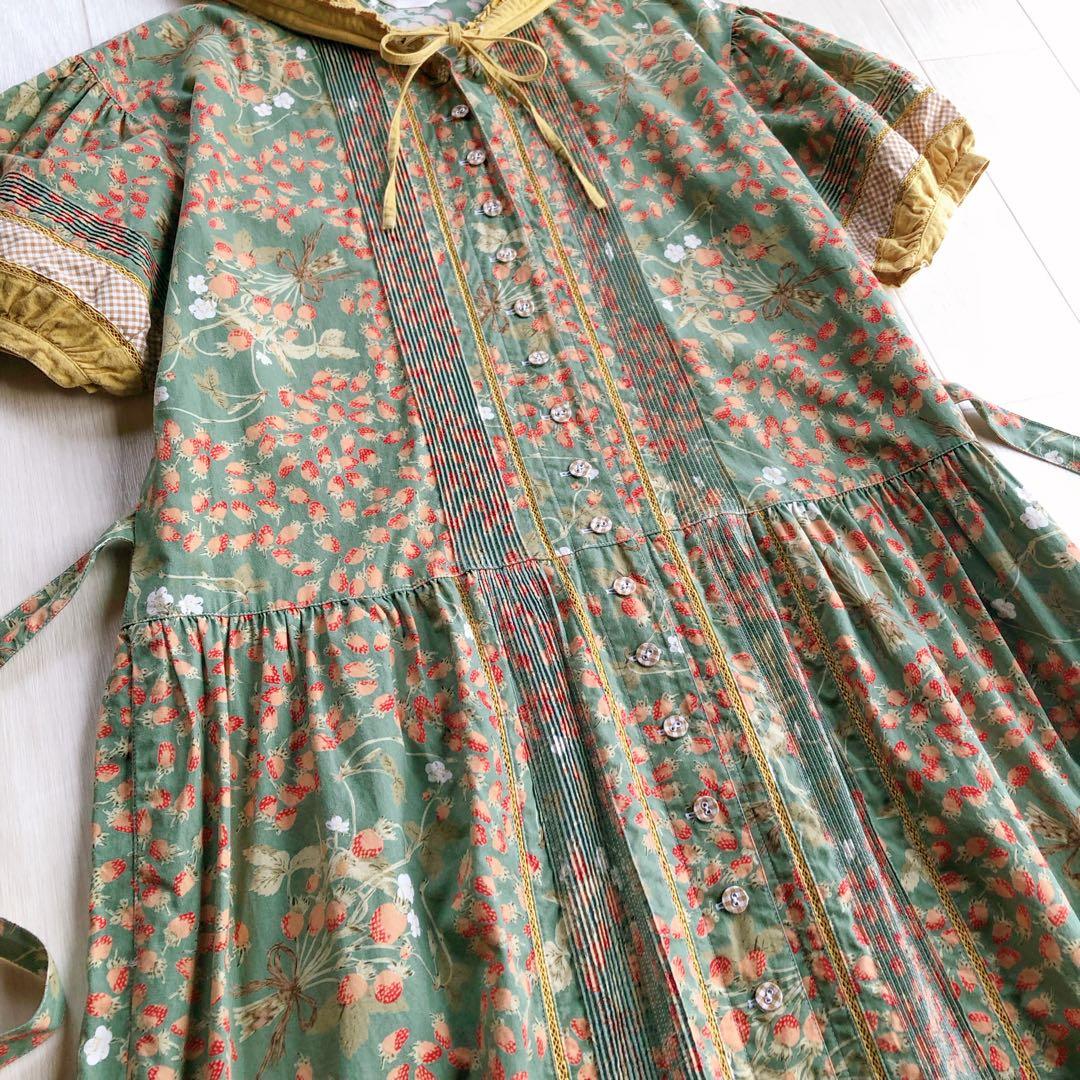 ピンクハウス いちご柄 苺 ストロベリー チェック フード付き ワンピース