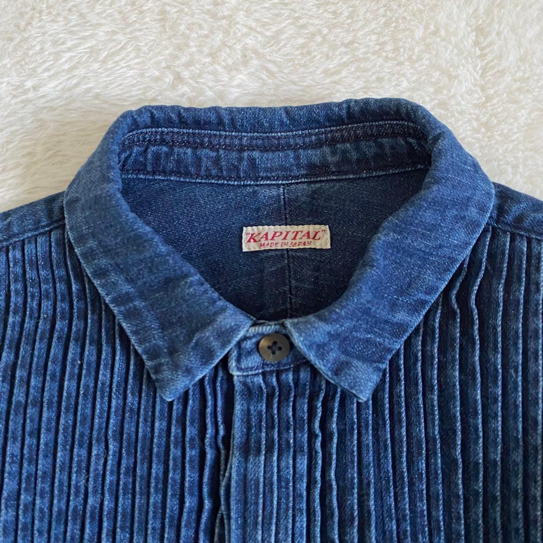 KAPITAL ピンタックデニムシャツ　プリーツ　長袖　メンズXS レディースS