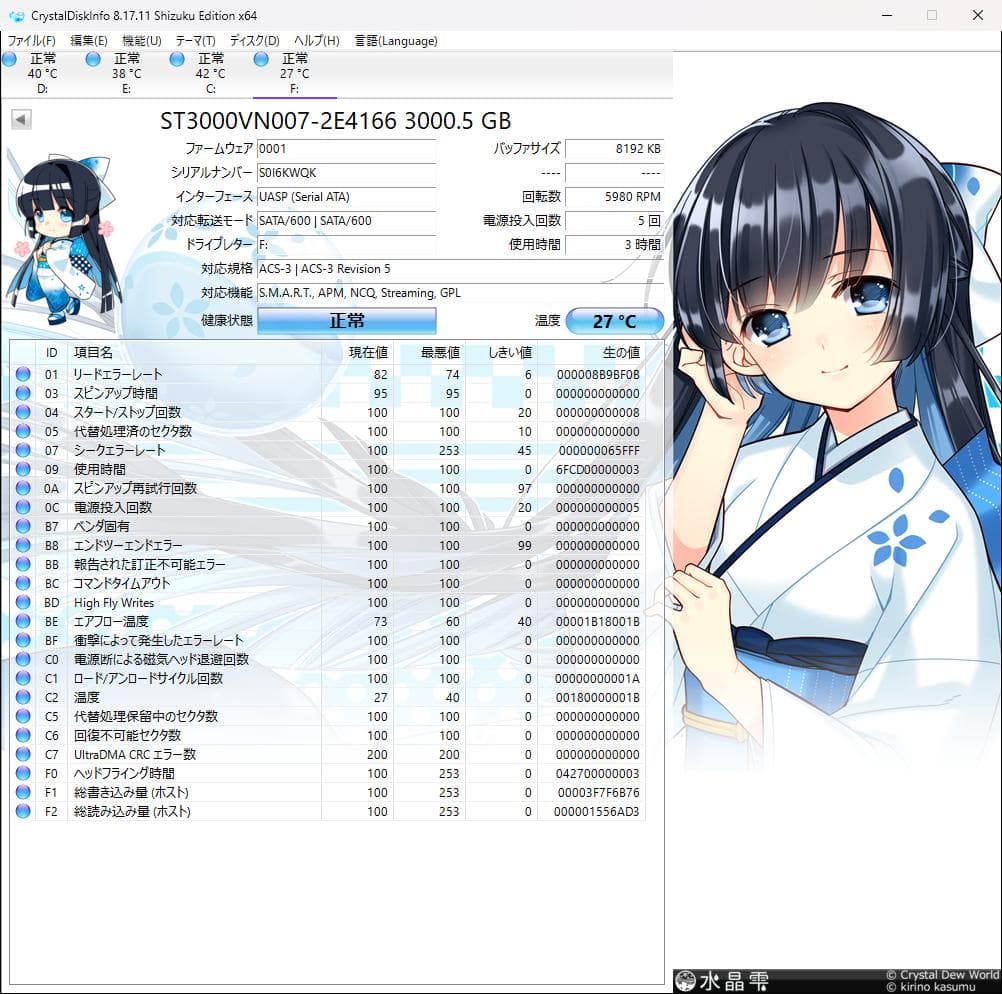 Seagate IronWolf 3TB 内蔵型HDD 使用時間3時間