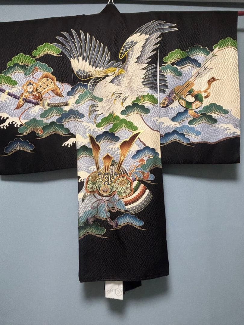 正絹　お宮参り.七五三　黒地 松に鷹兜