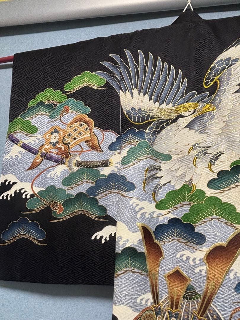 正絹　お宮参り.七五三　黒地 松に鷹兜