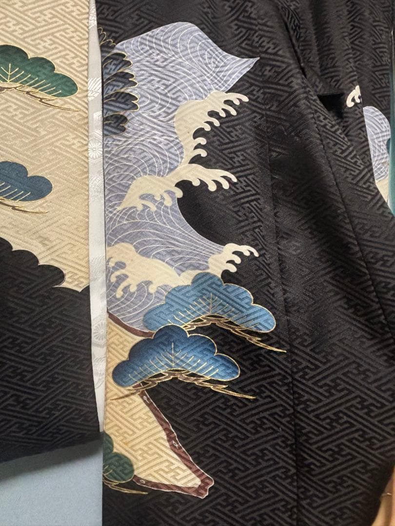 正絹　お宮参り.七五三　黒地 松に鷹兜