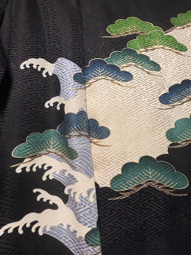 正絹　お宮参り.七五三　黒地 松に鷹兜