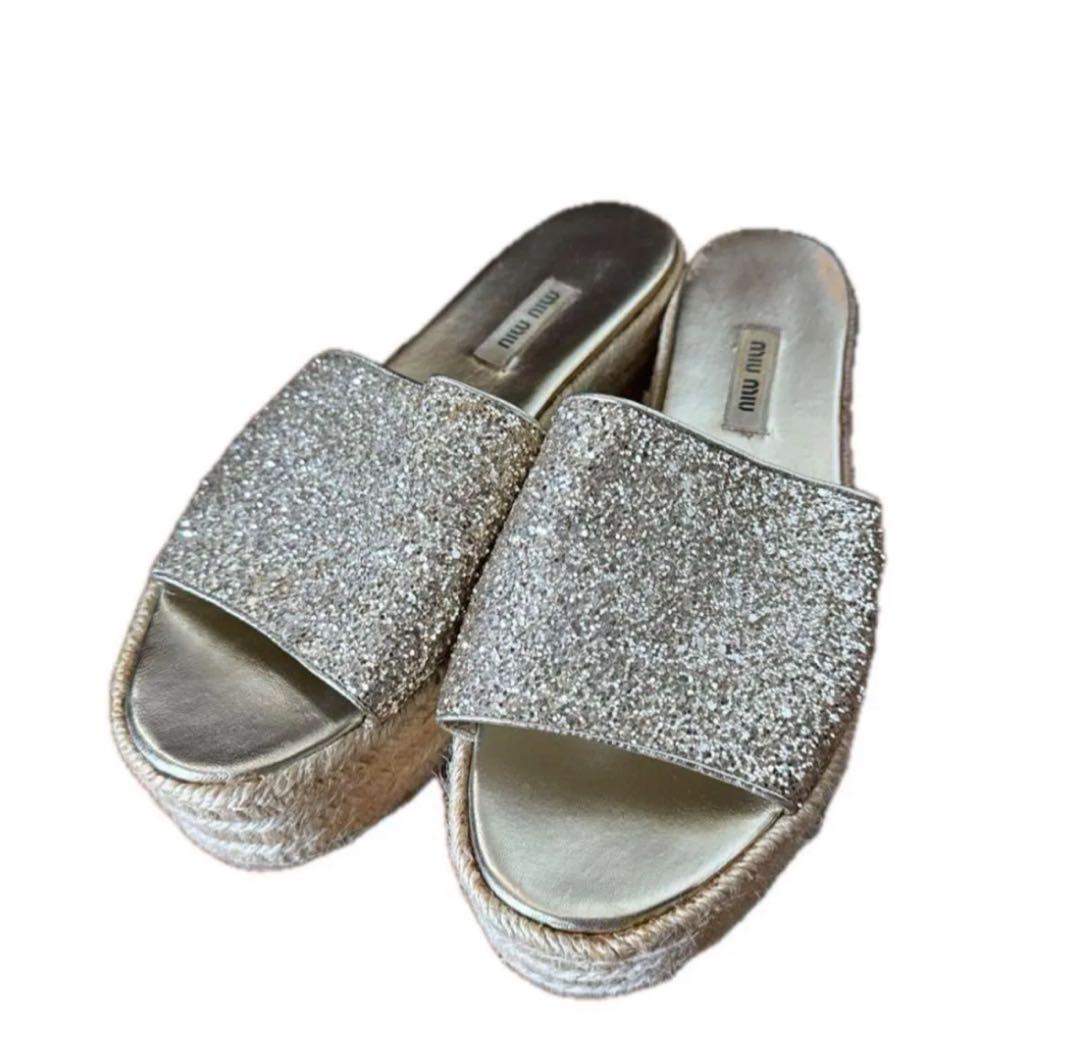 miumiu 厚底ラメミュールグリッターサンダル ミュウミュウ 38 25