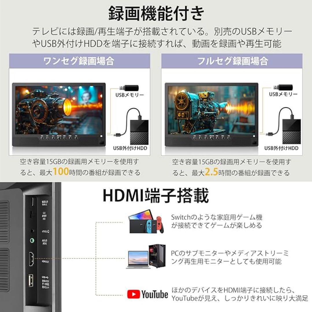 ポータブルテレビ 14.1インチ 録画機能 YouTube視聴可能 HDMI端子