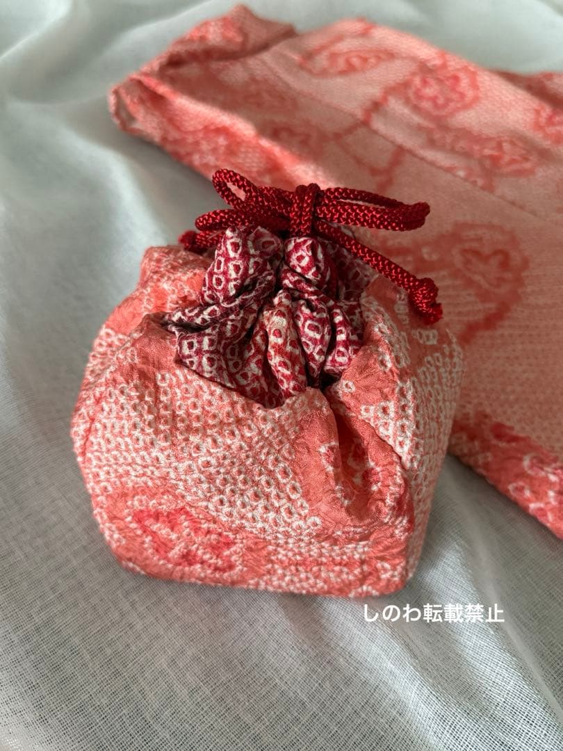 正絹総絞りお被布＆巾着セット　珊瑚色♡コーラルピンク