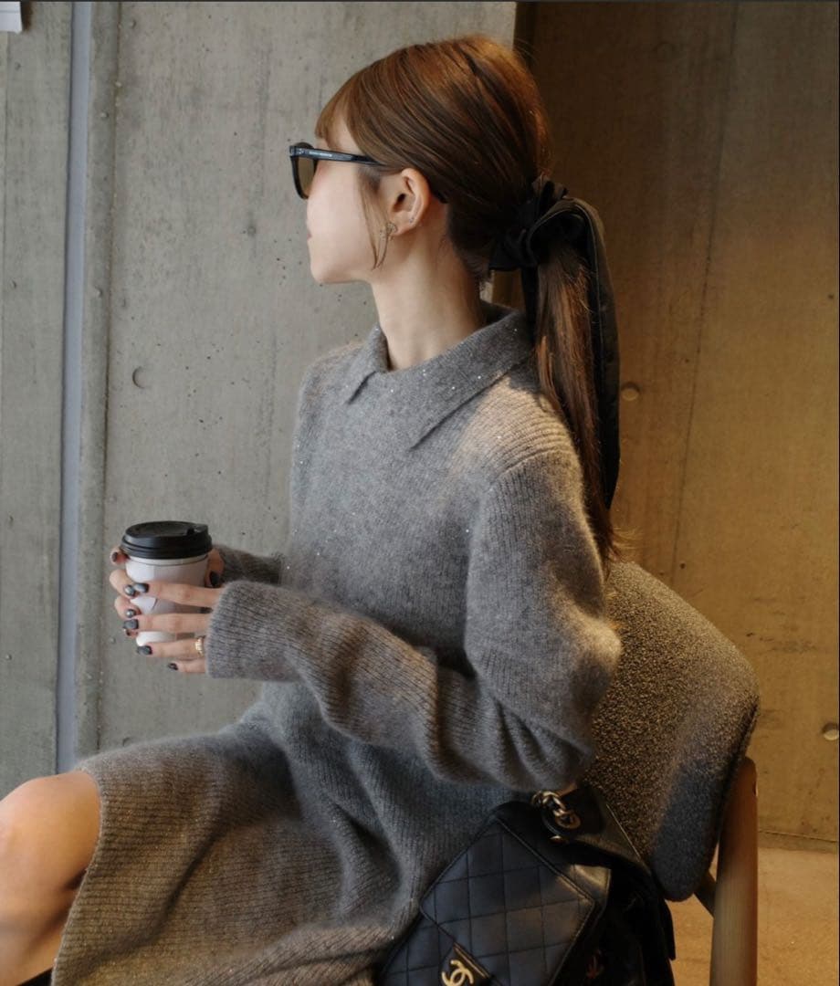 【美品】Mila Owen襟付きペプラムニットミニワンピース グレー Sサイズ