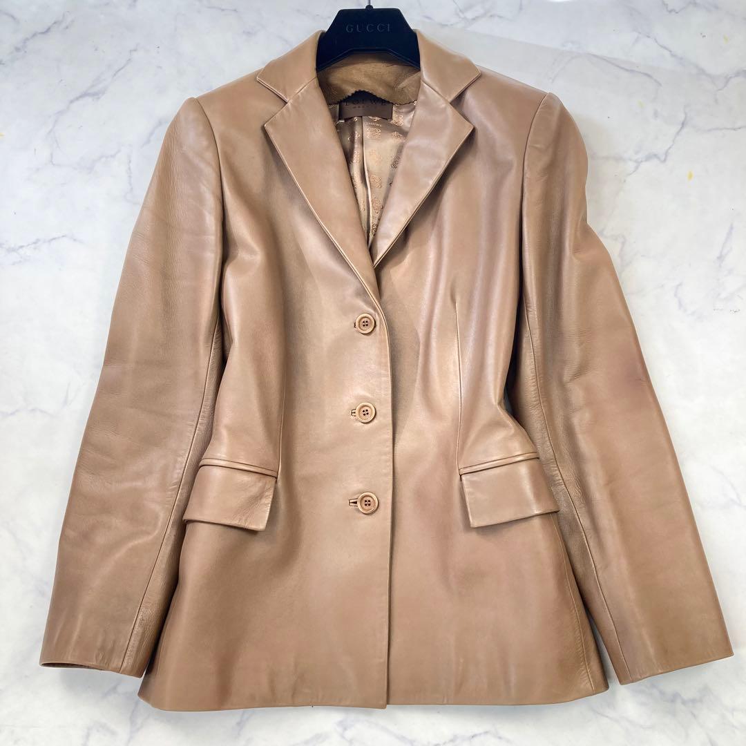 LOEWE ロエベ レザージャケット アナグラム 子羊 ベージュ ロゴ総柄