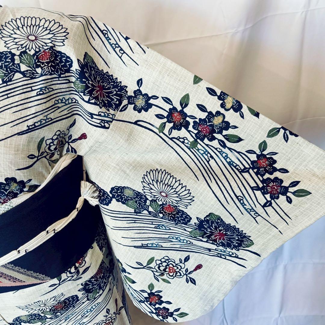 竺仙 奥州小紋のような高級浴衣 型染め 桜 菊 流水