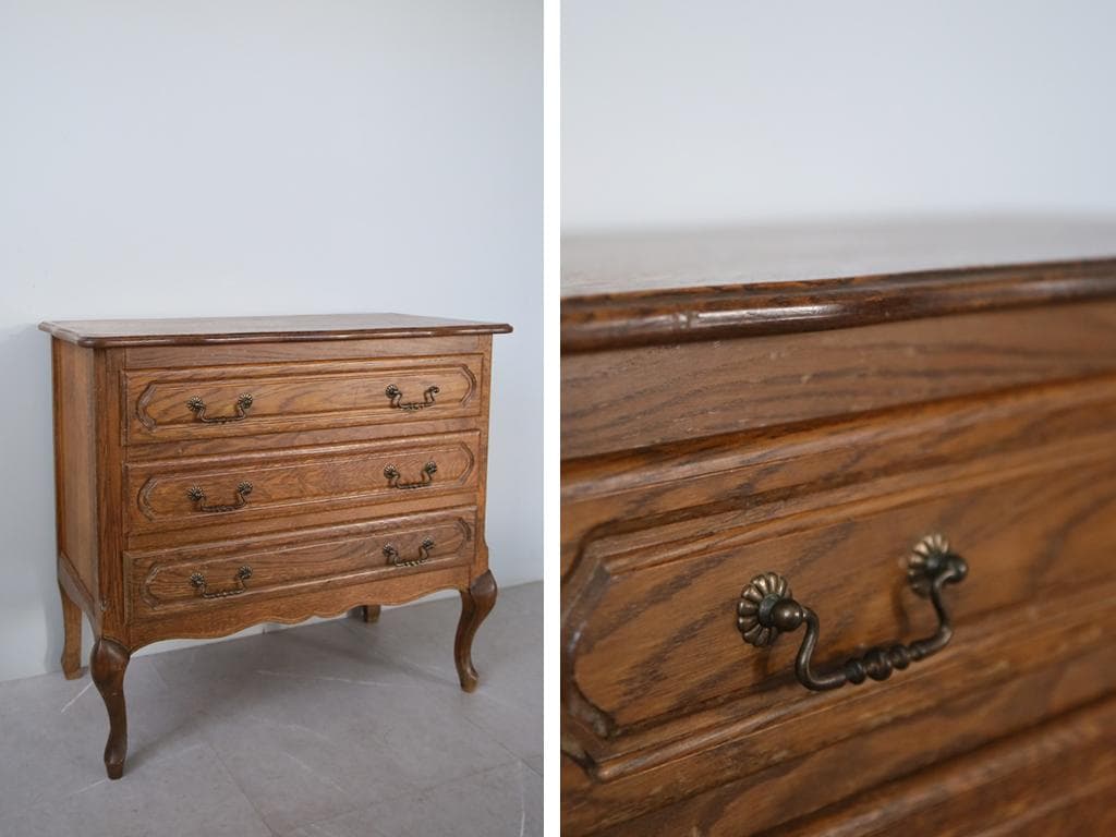 フランスアンティーク猫脚3杯ドロワー/木製チェスト/タンス/飾り棚(90-194