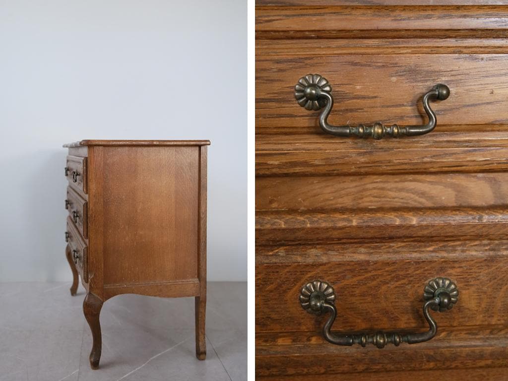 フランスアンティーク猫脚3杯ドロワー/木製チェスト/タンス/飾り棚(90-194