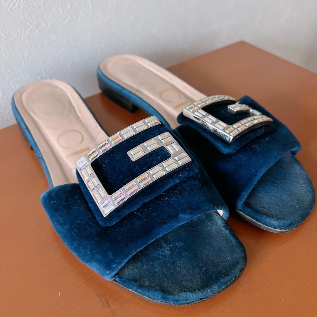 グッチ クリスタルビジューGベロアサンダル ネイビー レディース 24.5