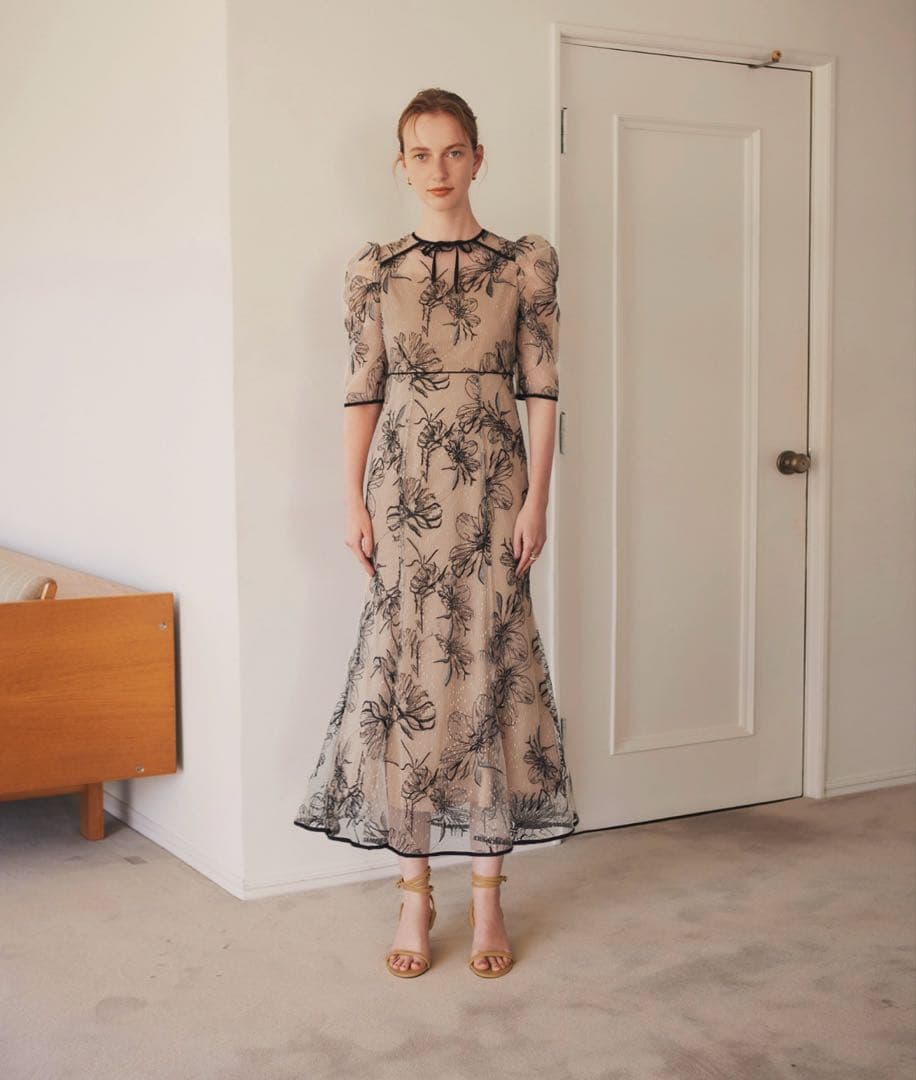 花柄リボンパフスリーブマーメイドワンピースドレス結婚式二次会成人式