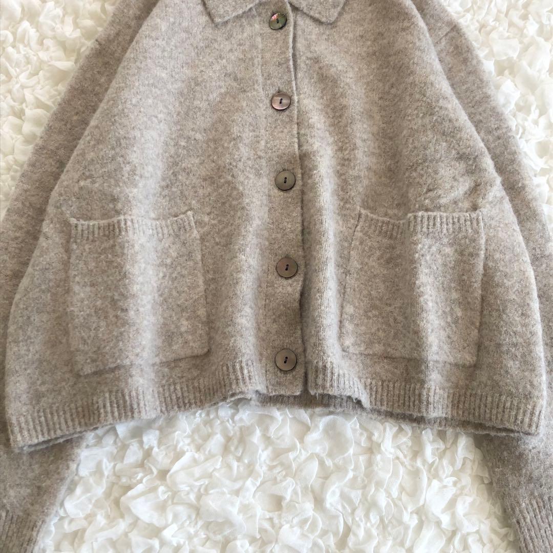 ミズイロインド◆ 襟付きショートカーディガン ウール ニット ライトベージュ