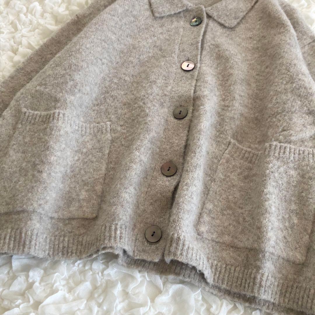 ミズイロインド◆ 襟付きショートカーディガン ウール ニット ライトベージュ