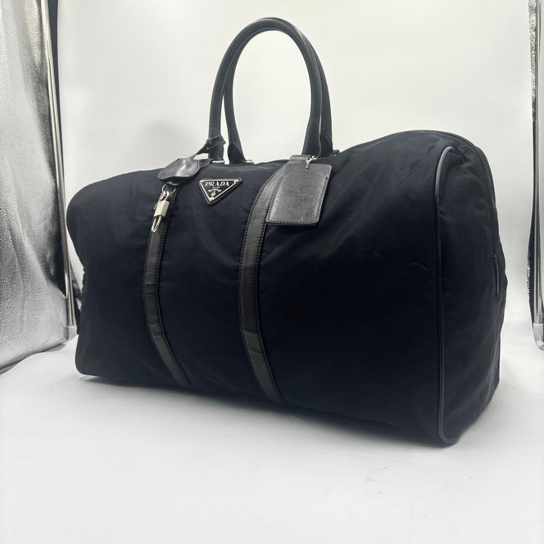 美品 プラダ ボストンバッグ ナイロン サフィアーノ 白タグ 大容量 ブラック
