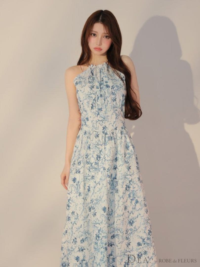 新品 DEA ローブドフルール ドレス キャバ ホルターネック ロング ブルー