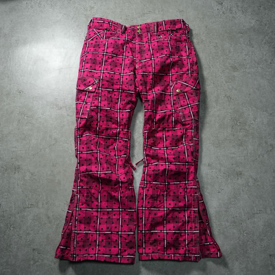 y2k フレア 平成 ショッキングピンク チェック柄 ナイロンカーゴパンツ