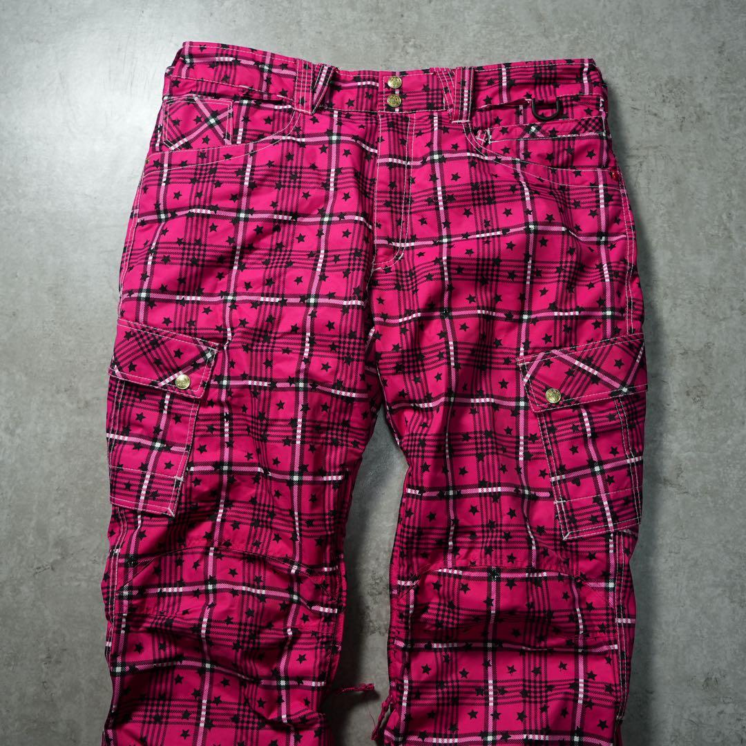y2k フレア 平成 ショッキングピンク チェック柄 ナイロンカーゴパンツ