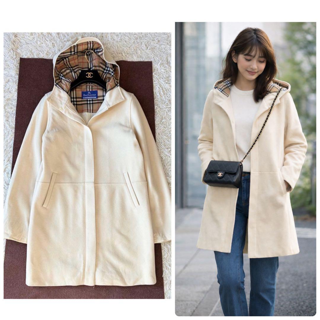 バーバリーブルーレーベル フードジップコート ウール アイボリー ノバチェック
