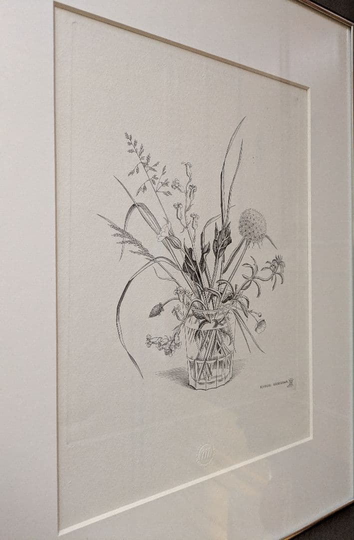 長谷川潔の銅版画　コップに挿した野花　美品