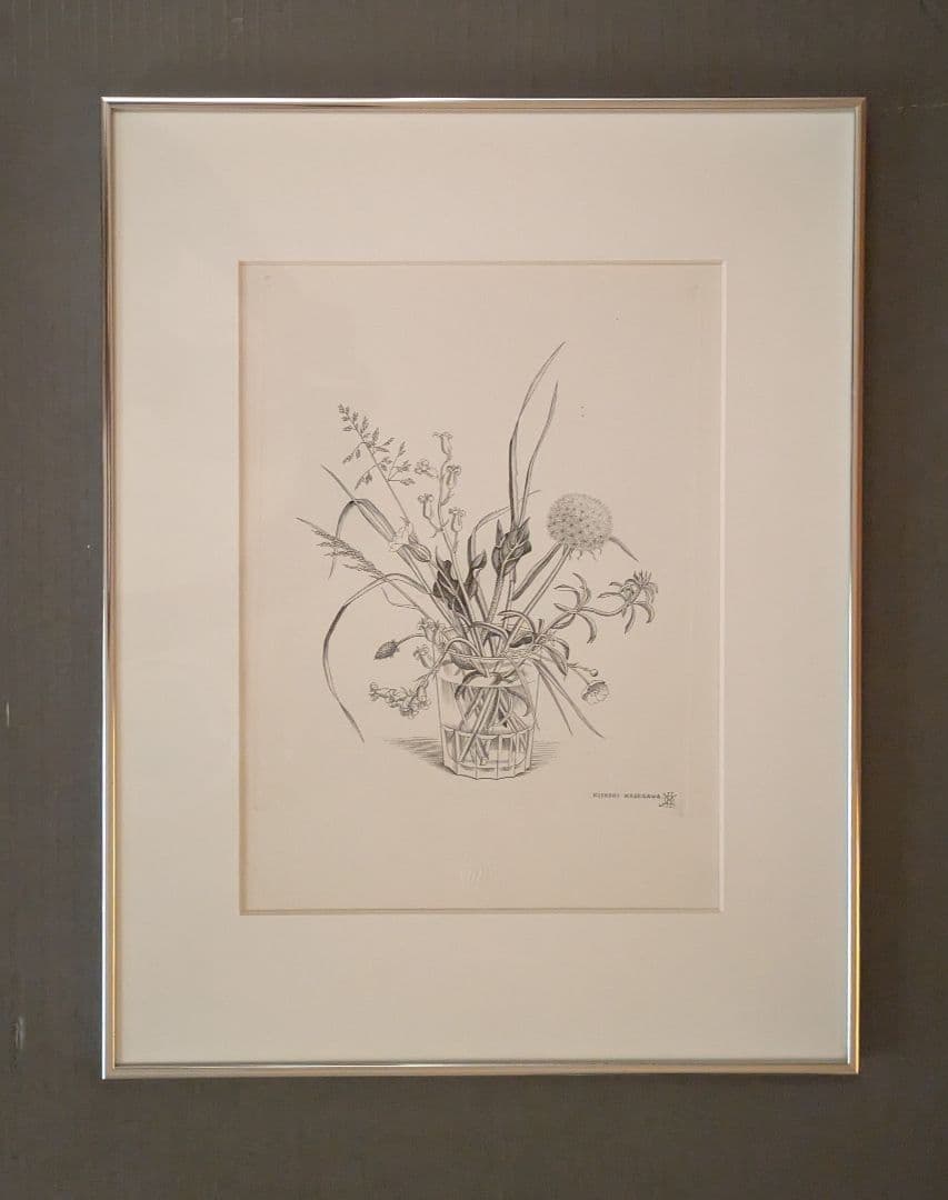 長谷川潔の銅版画　コップに挿した野花　美品