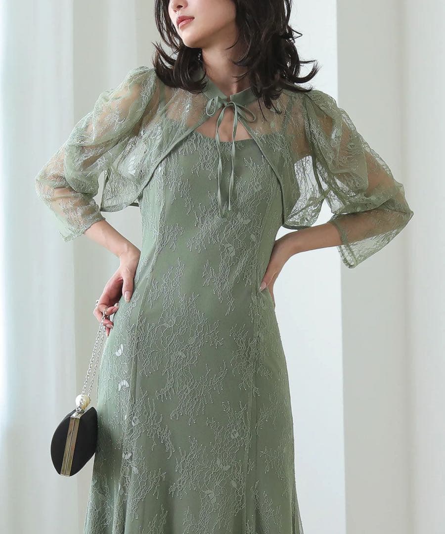 ボレロキャミワンピースレイヤード総レースパーティードレス グリーン　ほつれあり