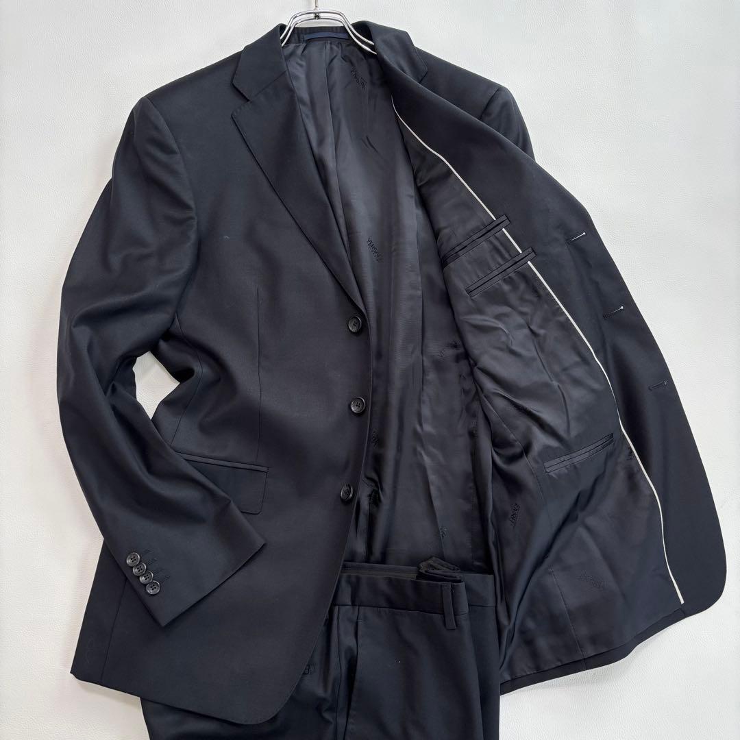 美品 ヴェルサーチ スーツ セットアップ XLサイズ 無地 裏地ロゴ 濃紺