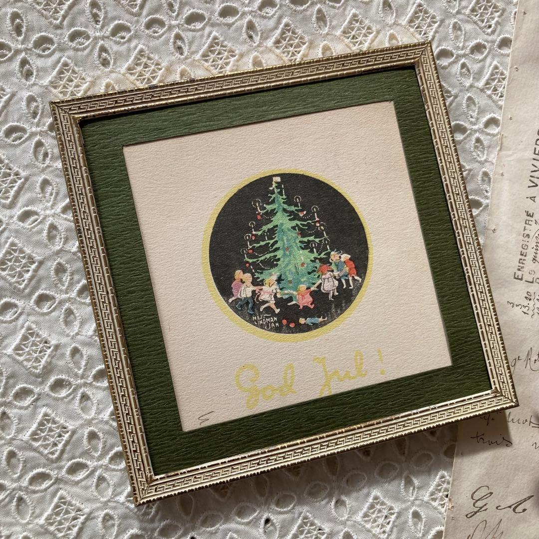 アンティークフレームE★1920年代超希少MAJ LINDMANツリーカード入り