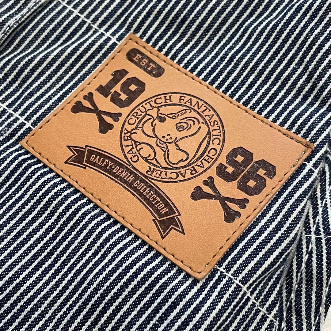 GALFY　石ちゃんオーバーオール　デニム　ワッペン　ストライプ　犬　タグ付き