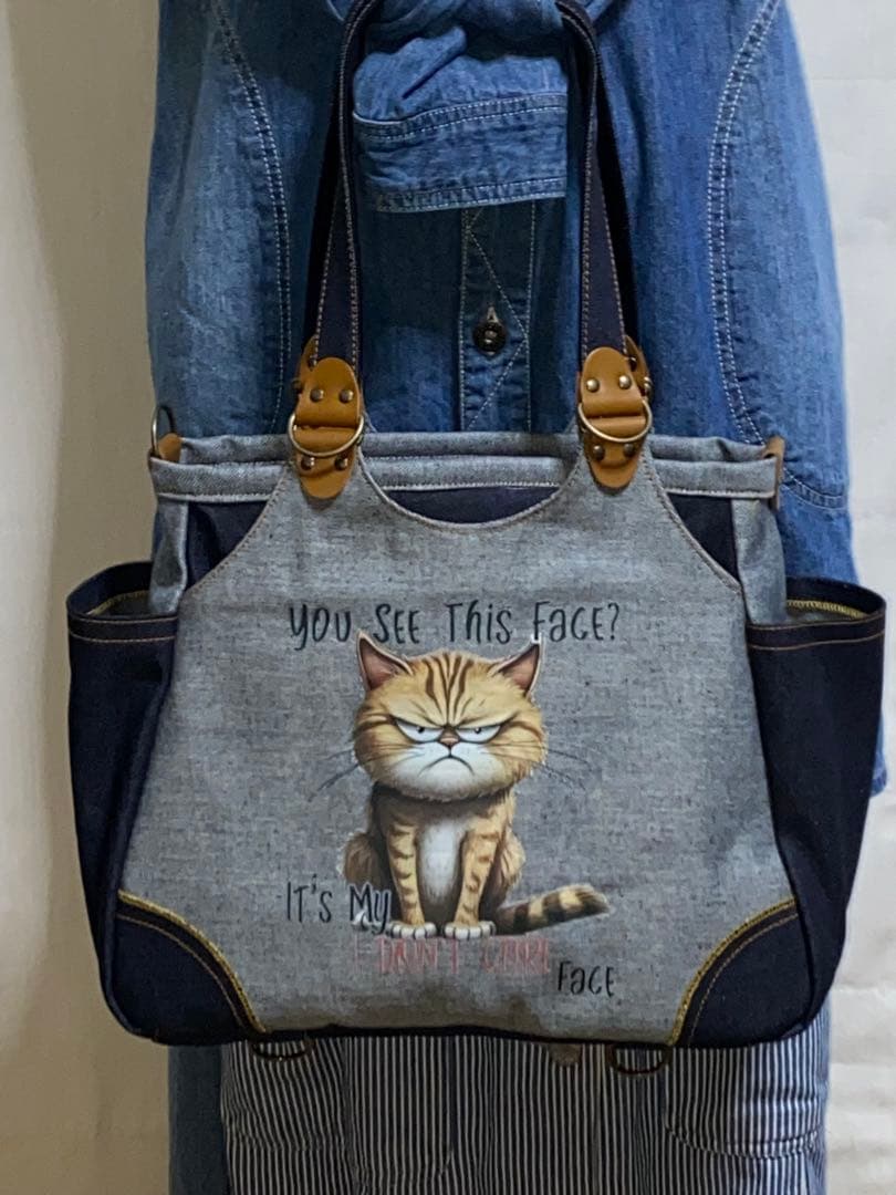 ☆岡山デニム☆悪ネコ☆トラ猫☆両面リュック対応☆4wayあおりバッグ