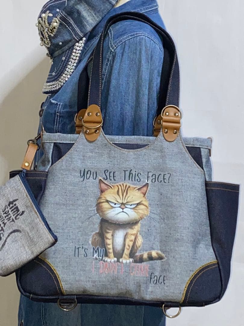 ☆岡山デニム☆悪ネコ☆トラ猫☆両面リュック対応☆4wayあおりバッグ