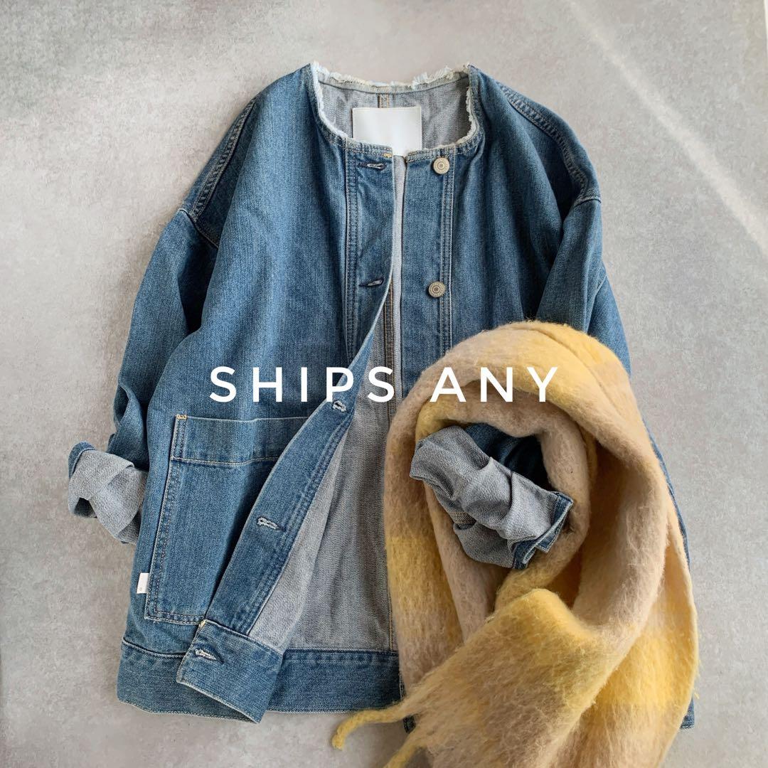 SHIPS any ノーカラー デニム ブルゾン デニムジャケット ブルー