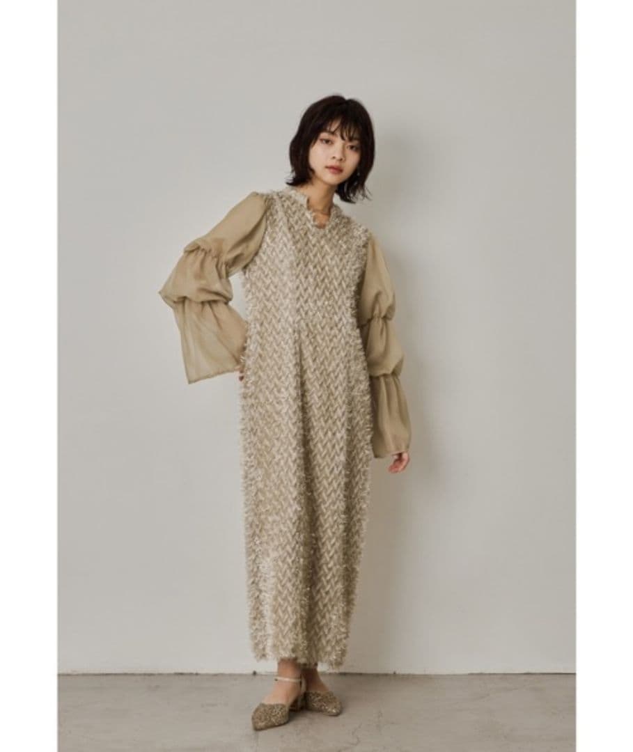 美品✨️niana デザインスリーブシャギードレス 結婚式　L